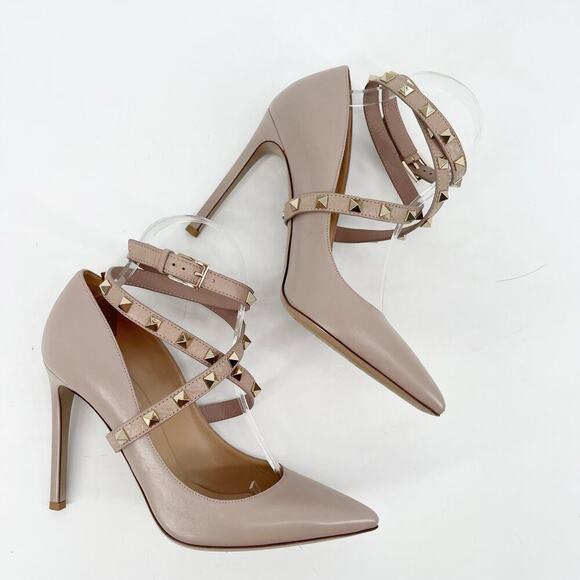 Valentino Garavani Tan Rockstud Studwrap Strap 105mm Pointed Toe Pump EU 38 - Picture 3 of 11
